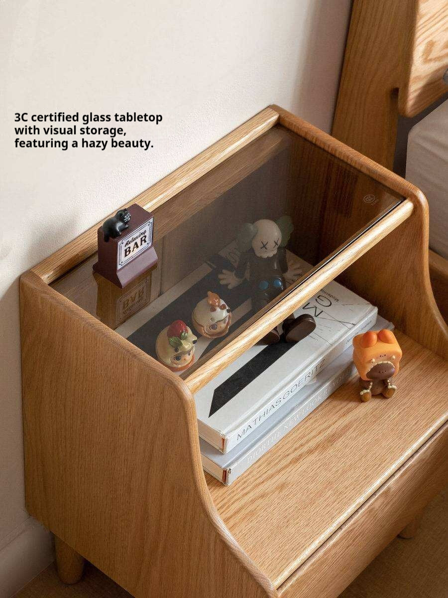 Solid RubberWood, Oak Solid Wood Nightstand with Glass Door with Storage