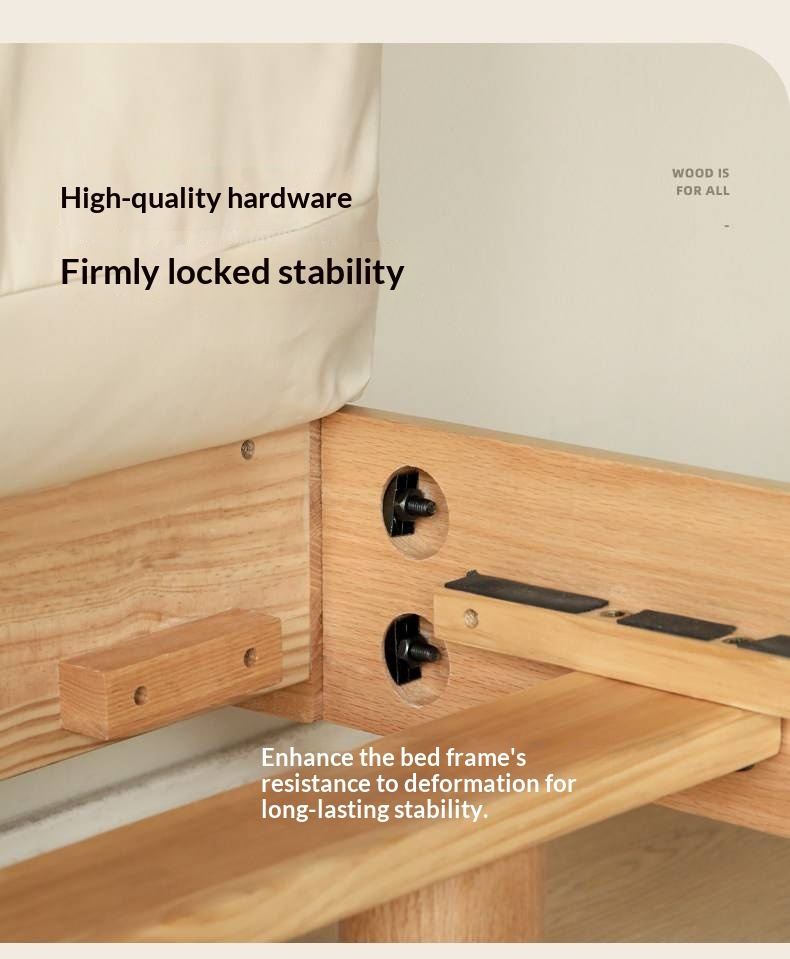 Oak Solid Wood Bed — Modern Minimalist, Genuine Leather Upholstered, Floating Design with Light