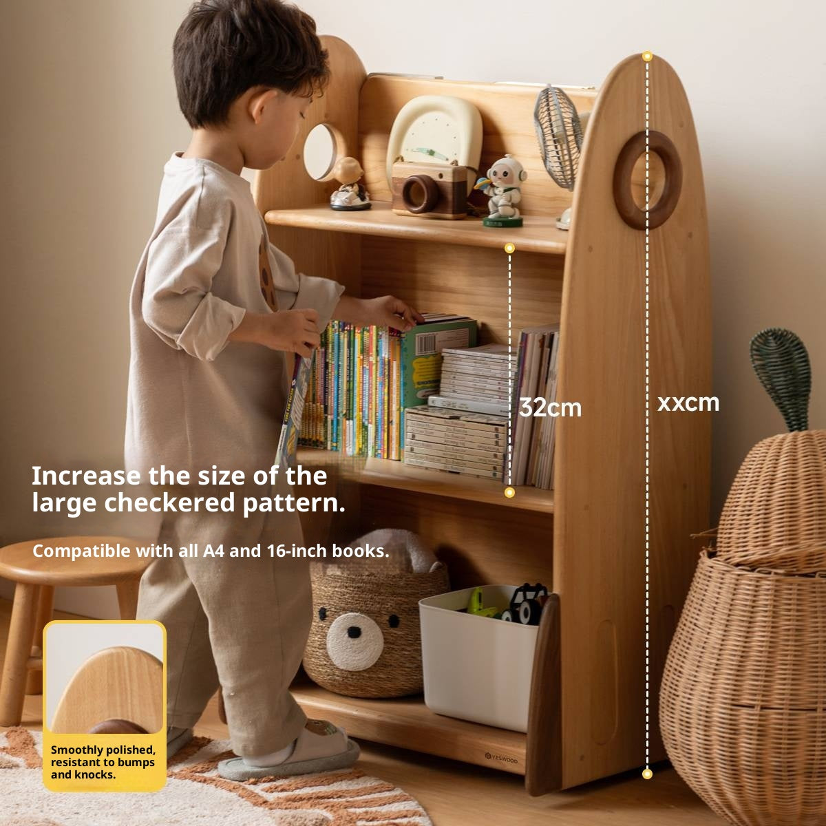 Beech Solid Wood Movable Double-Sided Floor-Standing Storage Children's Rack