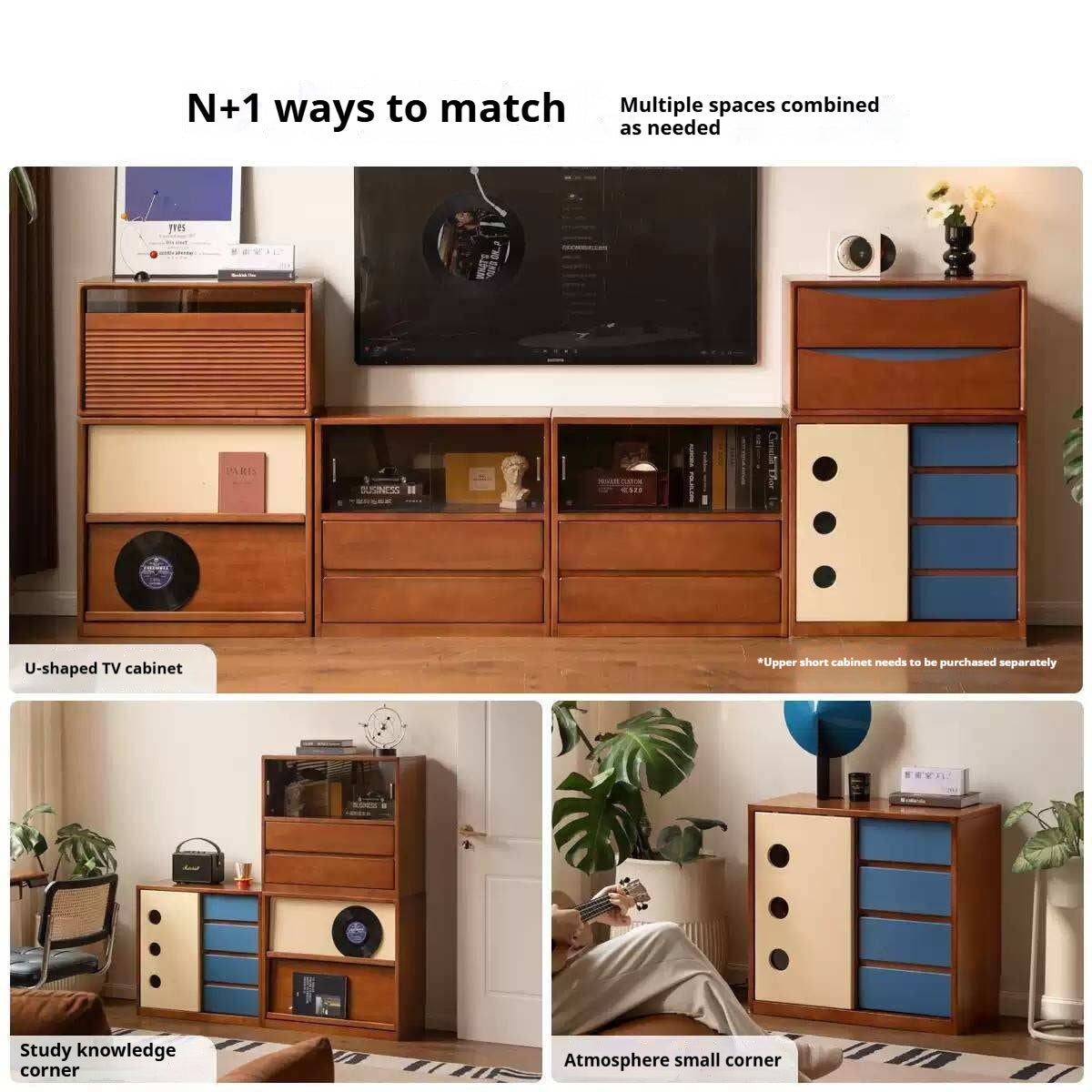 Poplar Solid Wood TV Cabinet with Vintage Style Modular Storage Design