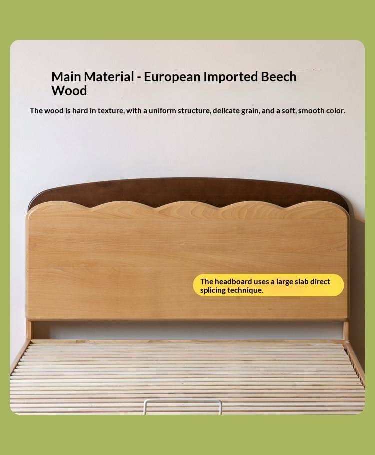 Beech Solid Wood Kids Bed with Scalloped Headboard and Hidden Storage