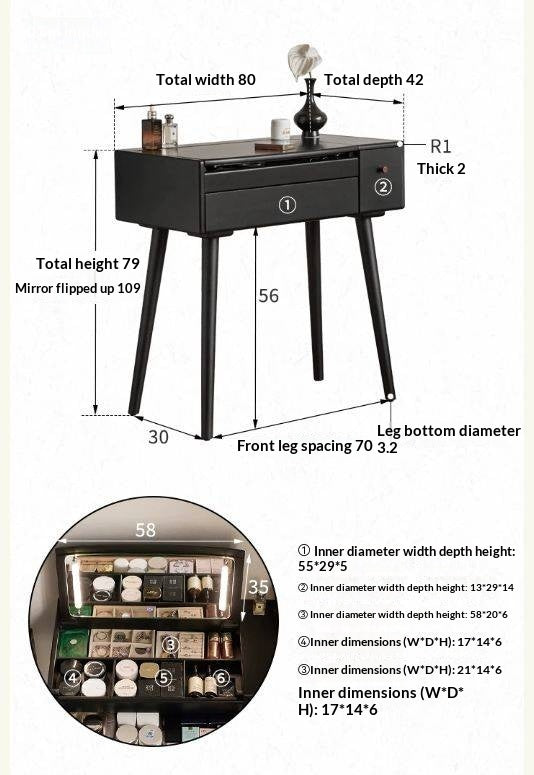 Solid RubberWood Black Vanity Table Mirror LED Touch