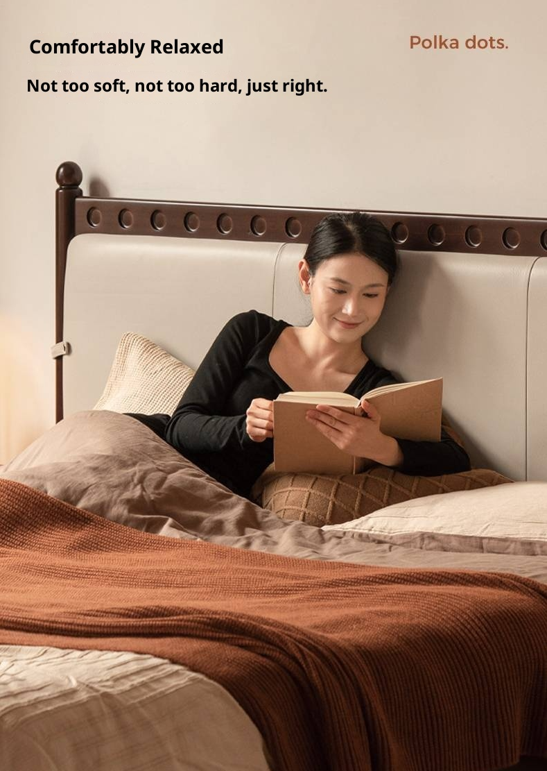 Poplar Solid Wood Genuine Leather Soft Backrest Bed Retro Vintage