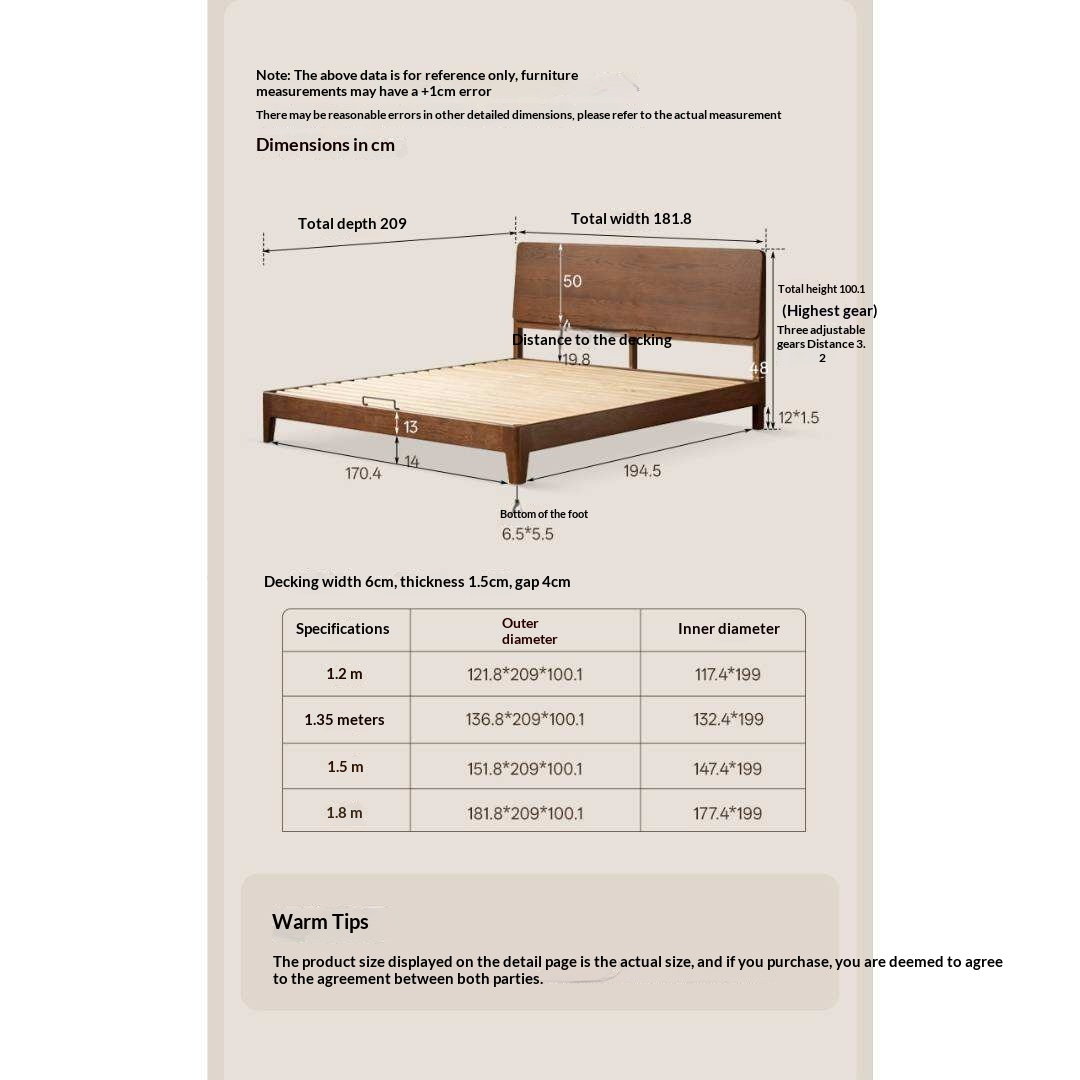 Oak Solid Wood Bed Platform Bed with Rectangular Panel Headboard and Tapered Legs