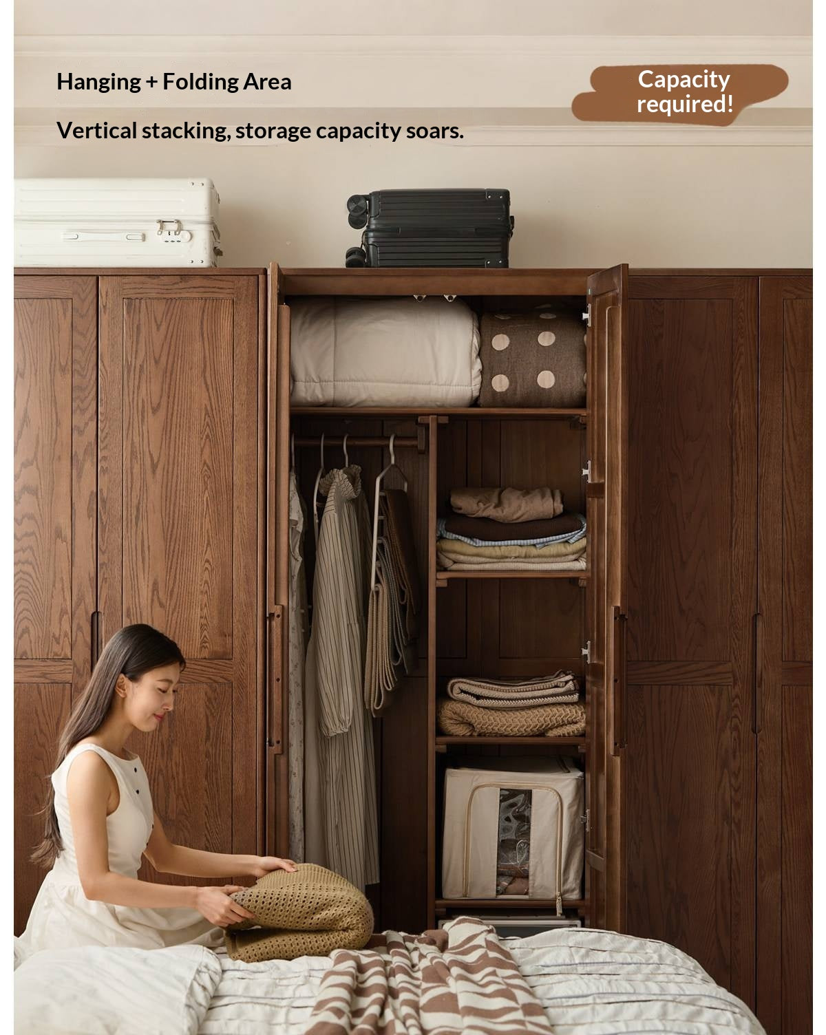 Oak Solid Wood Wardrobe with Recessed Groove Handles