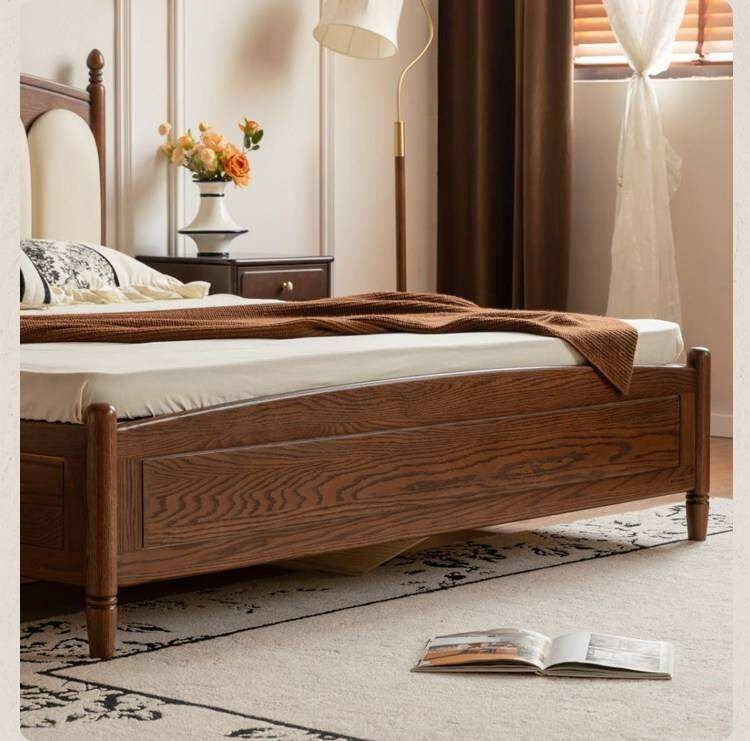 Oak Solid Wood Box Bed with Upholstered Vertical Channel Tufted Arched Headboard
