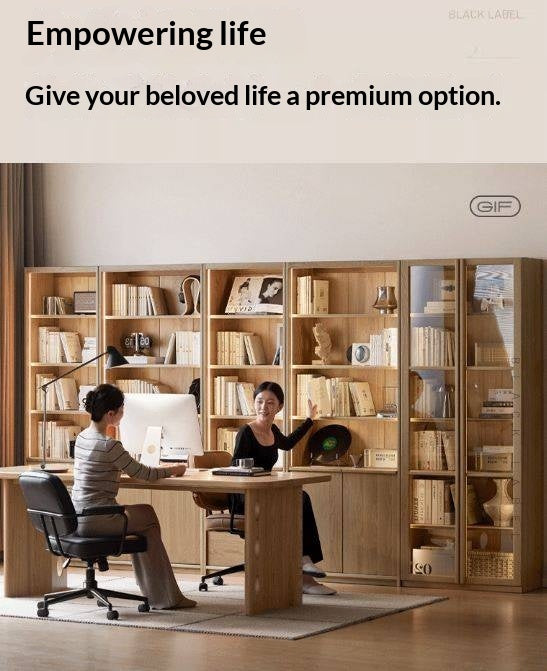 White Oak Solid Wood Bookcase and Display Cabinet with Glass Doors and Built-In Lights