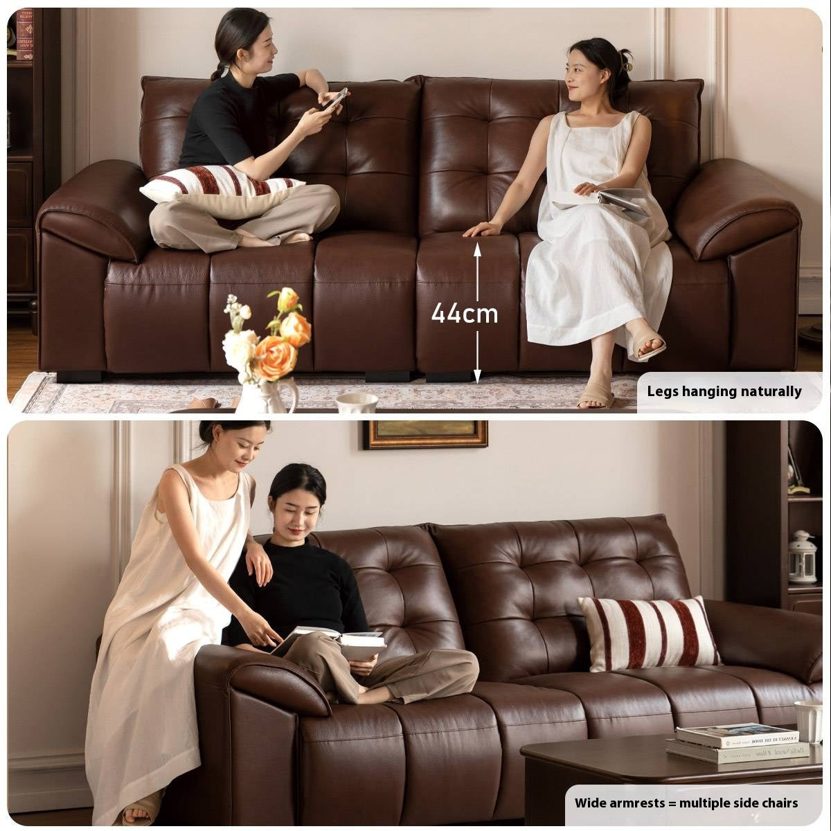 Genuine Leather American Retro High-Back Sofa with Checkerboard Black Bear Pattern