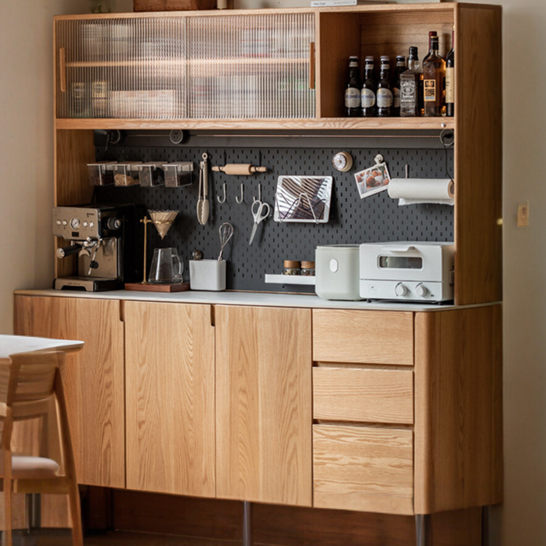 Oak Solid Wood Perforated Rock Board Dining Sideboard