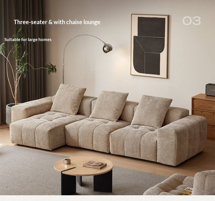 Pine Solid Wood Modular Sectional Sofa in Chenille Faux Linen with Feather-Filled Cushions, Chaise and Ottoman Options