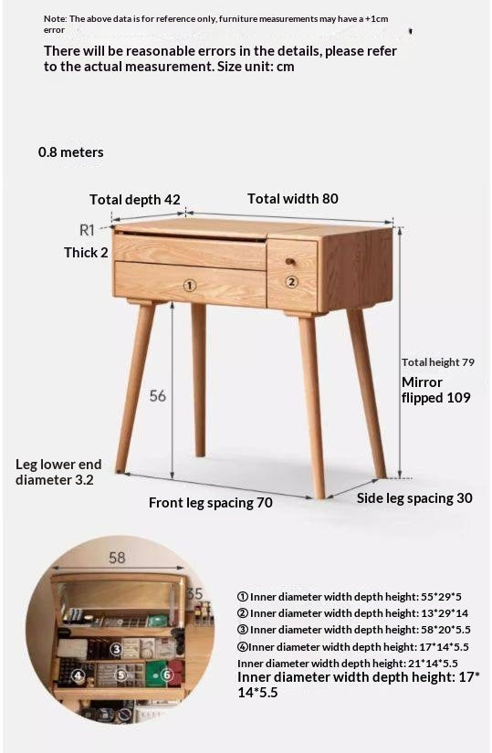 Oak Solid Wood, Solid RubberWood Vanity Table Mirror LED Touch Light.