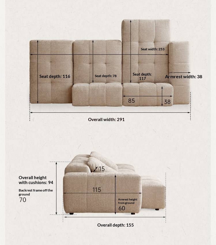 Pine Solid Wood Modular Sectional Sofa in Chenille Faux Linen with Feather-Filled Cushions, Chaise and Ottoman Options