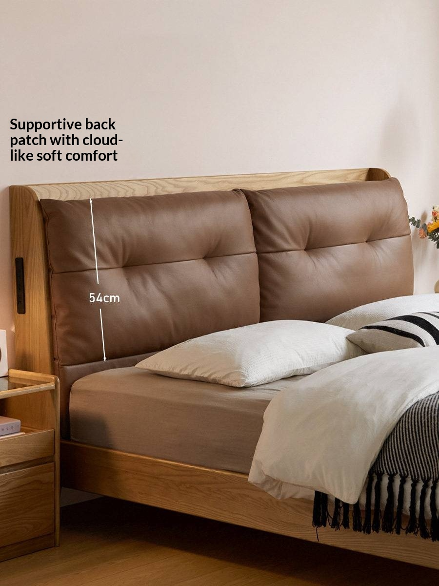 Ash Solid Wood Modern Leather Tufted Platform Bed with USB Charging Port