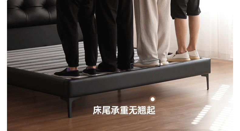 Genuine Leather Upholstered Double Bed in Solid Wood Frame