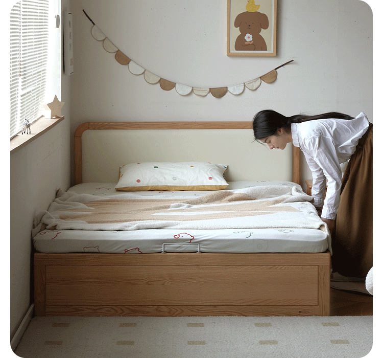 Oak, Rubberwood Solid Wood Upholstered Kids Storage Bed with Gas Lift and Rounded Headboard