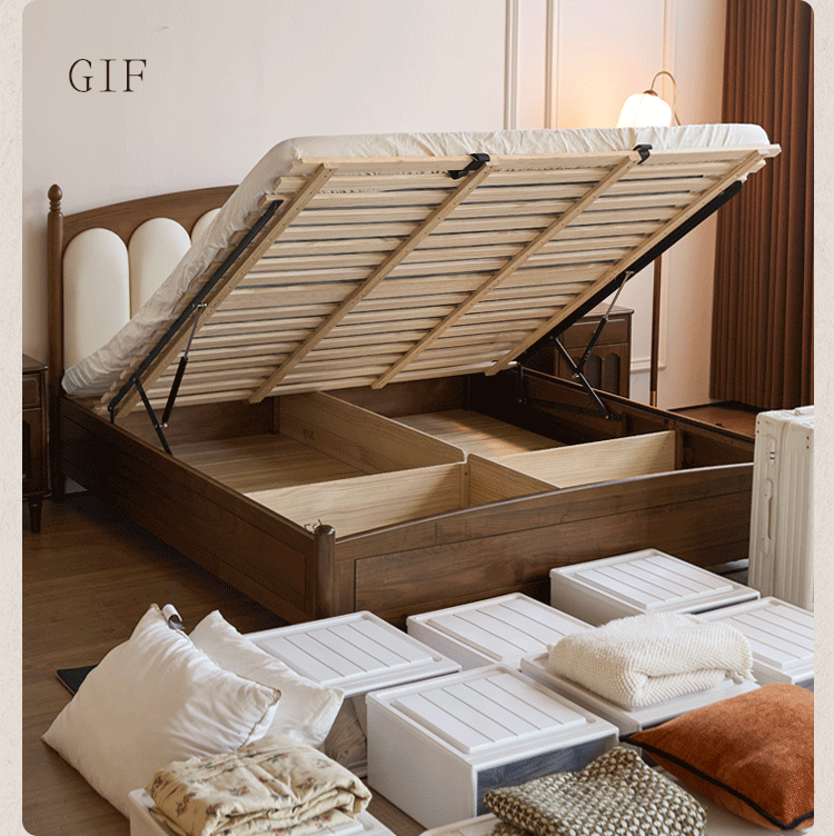 Black Walnut Solid Wood Box Bed — French Retro Style with Genuine Leather and Piano Key Design