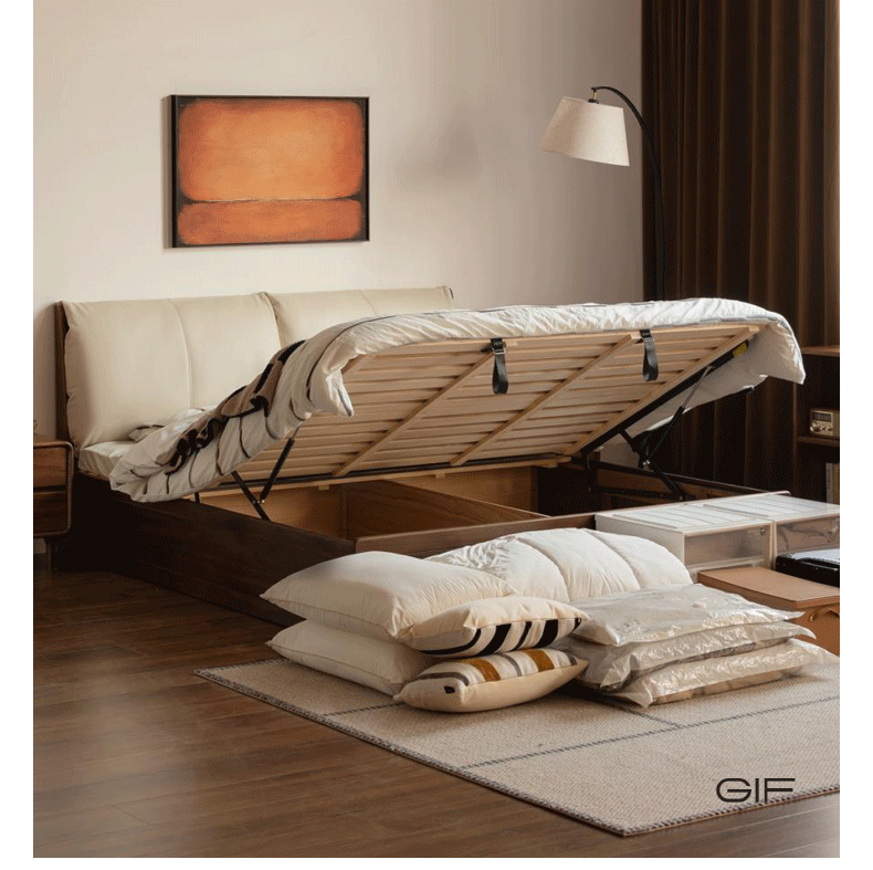 Black Walnut Solid Wood Box Bed — Luxury Genuine Leather Bed with Soft Backrest