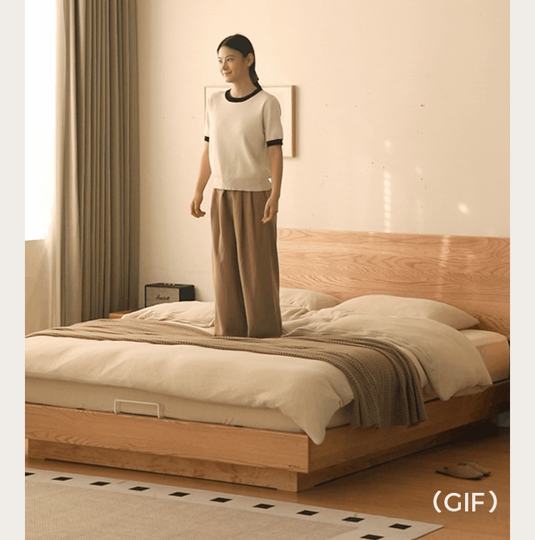 Oak Solid Wood Bed — Modern Minimalist Slab Box Design