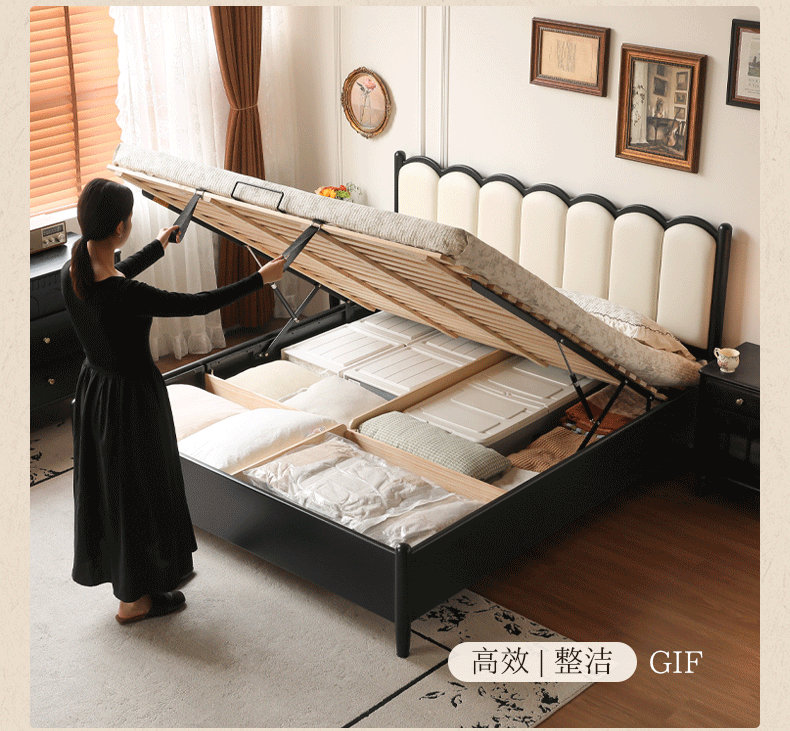 Rubberwood Solid Wood Upholstered Storage Box Bed, French Retro Style