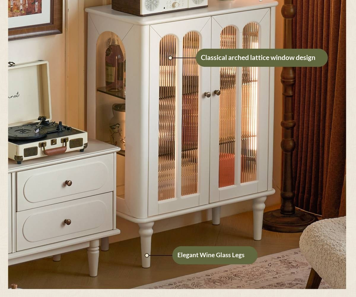 Solid RubberWood French Accent Cabinet with Round Arch Glass Doors and Turned Legs