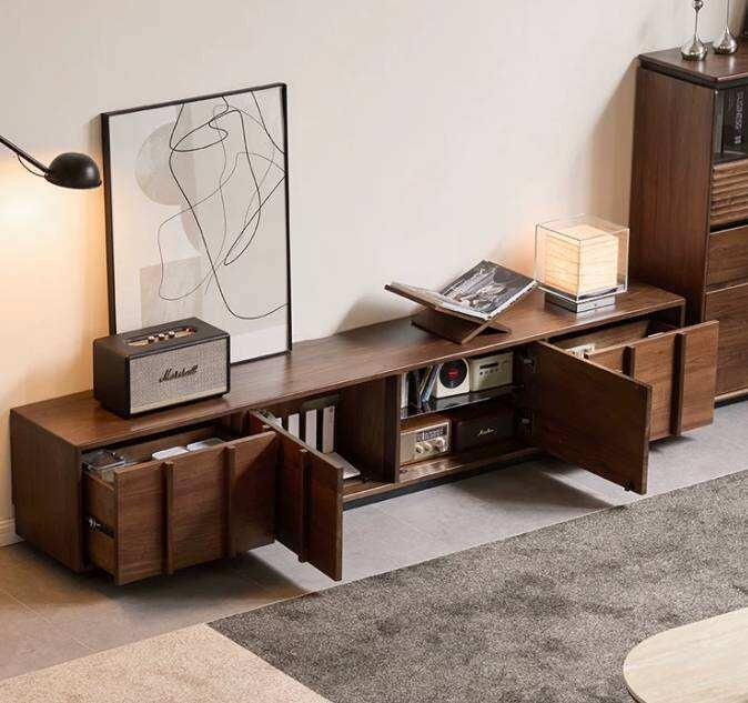 Black Walnut, Oak Solid Wood TV Cabinet with Low Platform Design and Storage