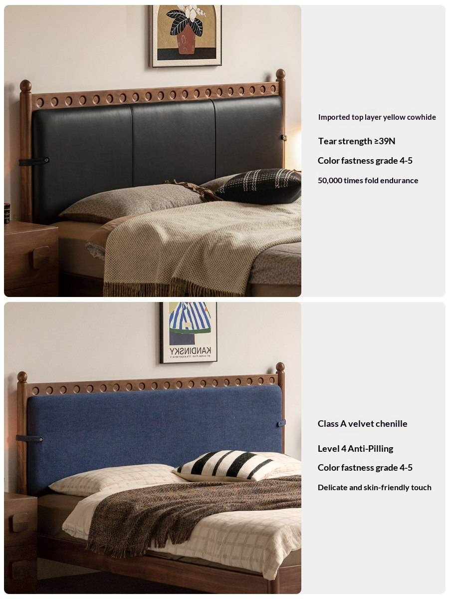 Black Walnut Solid Wood Bed — French Retro Style with Soft Backrest and Genuine Leather Upholstery