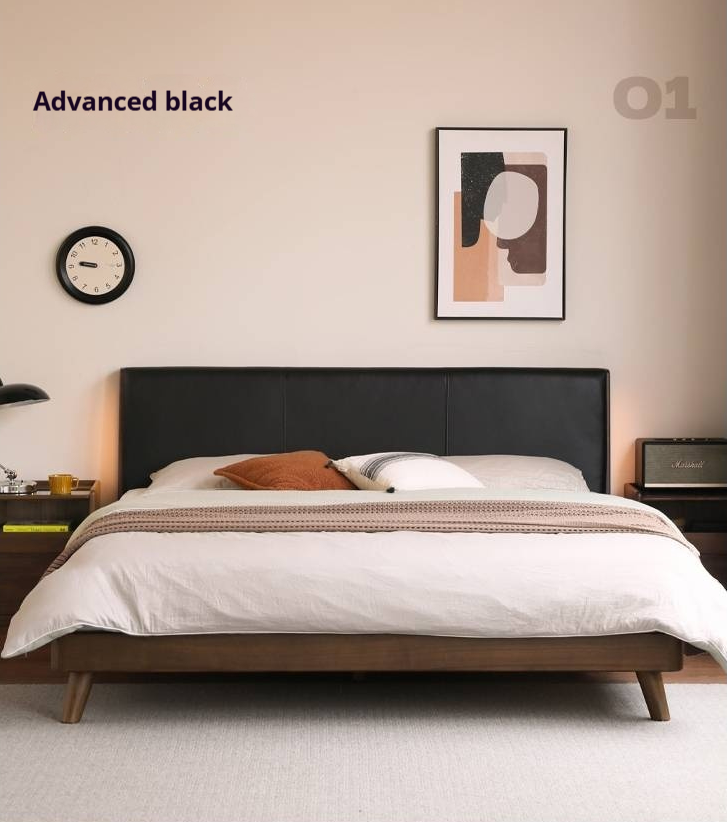 Black Walnut Solid Wood Genuine Leather Upholstered Bed
