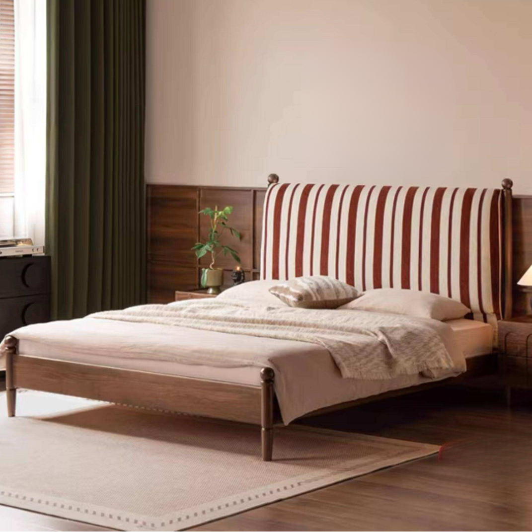 Black Walnut Solid Wood Striped Upholstered Panel Bed