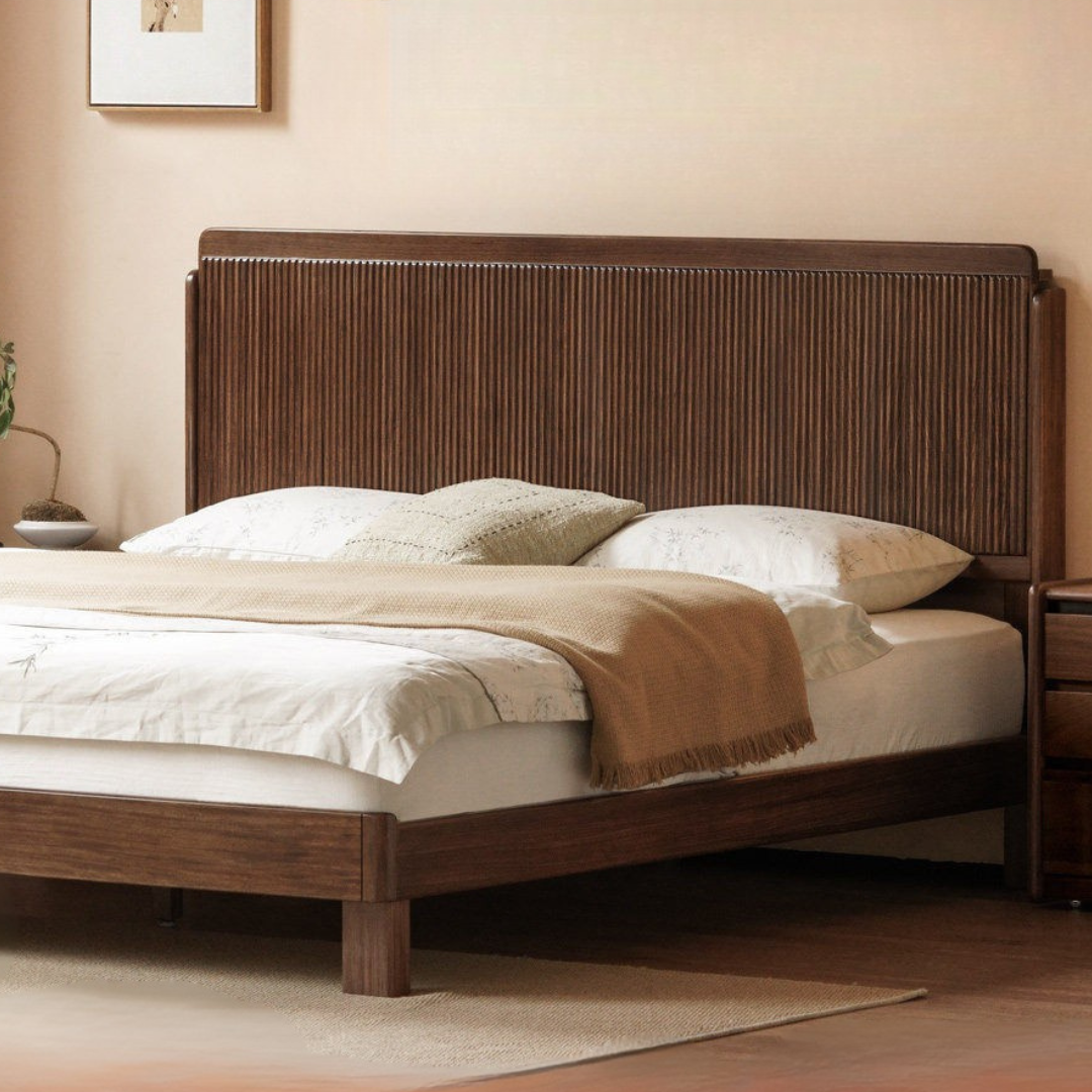 Ebony Solid Wood Bed with Vertical Fluted Panel Headboard and Block Legs