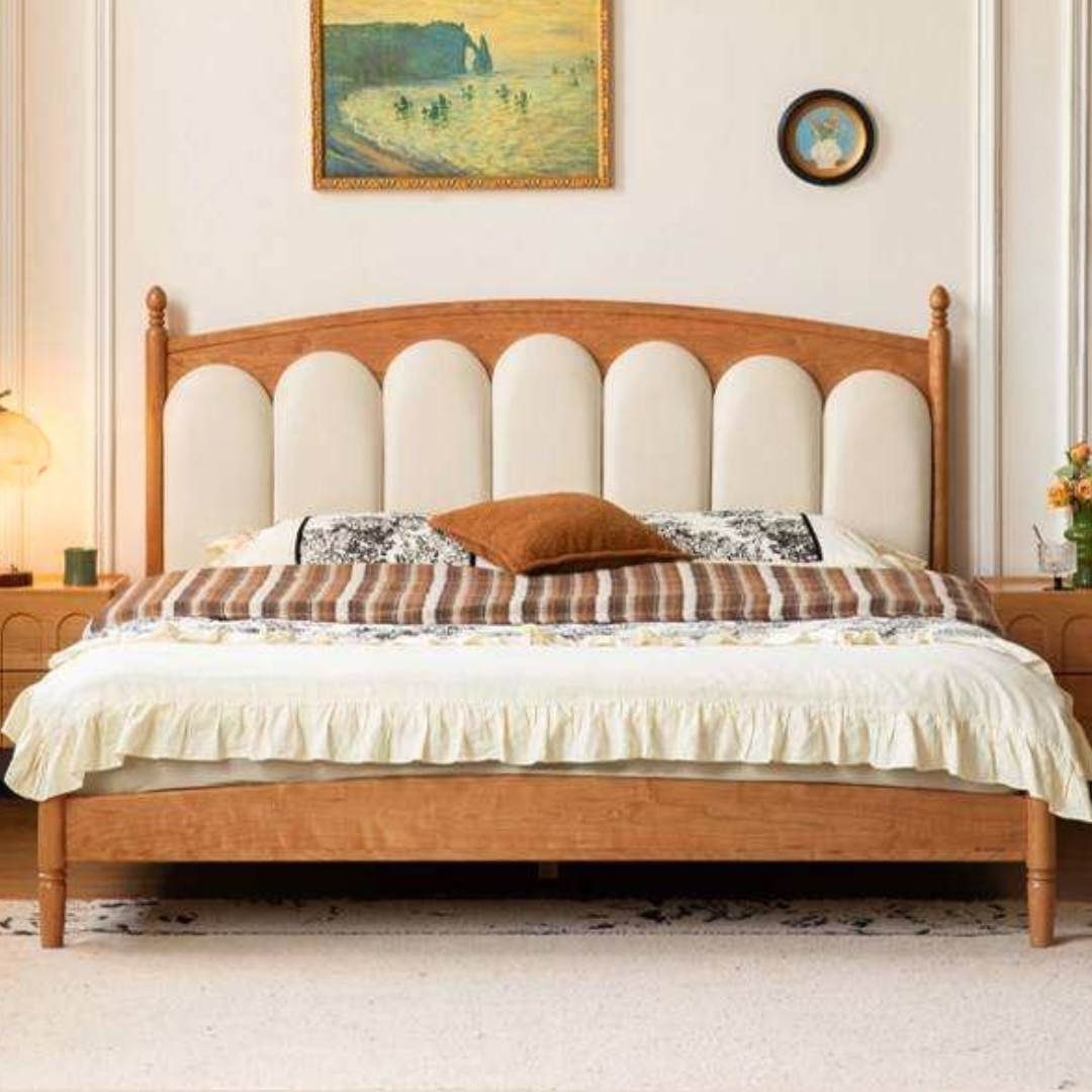 Cherry Solid Wood Genuine Leather, Velvet French-Inspired Scalloped Headboard Bed