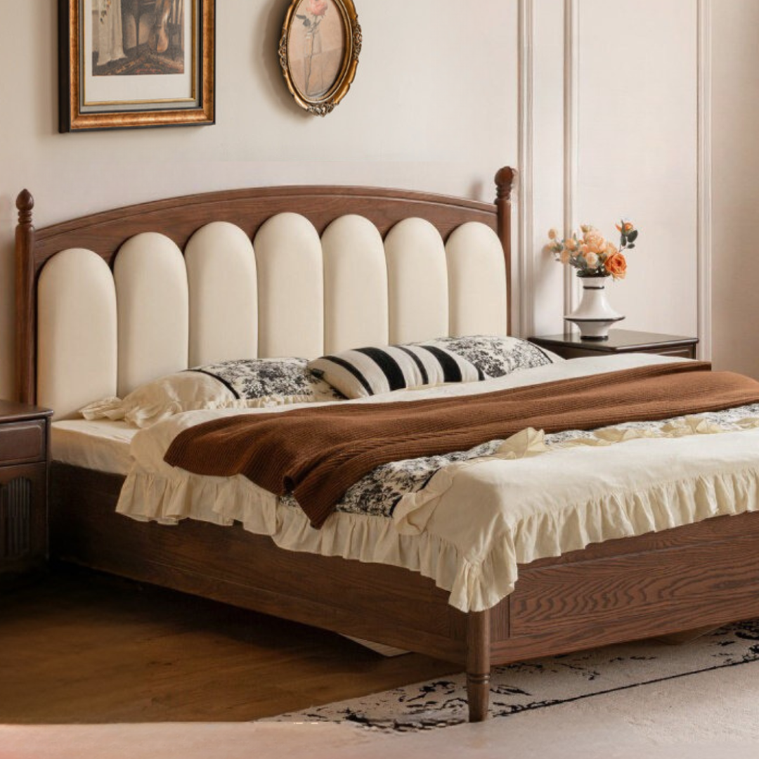 Oak Solid Wood Box Bed with Upholstered Vertical Channel Tufted Arched Headboard