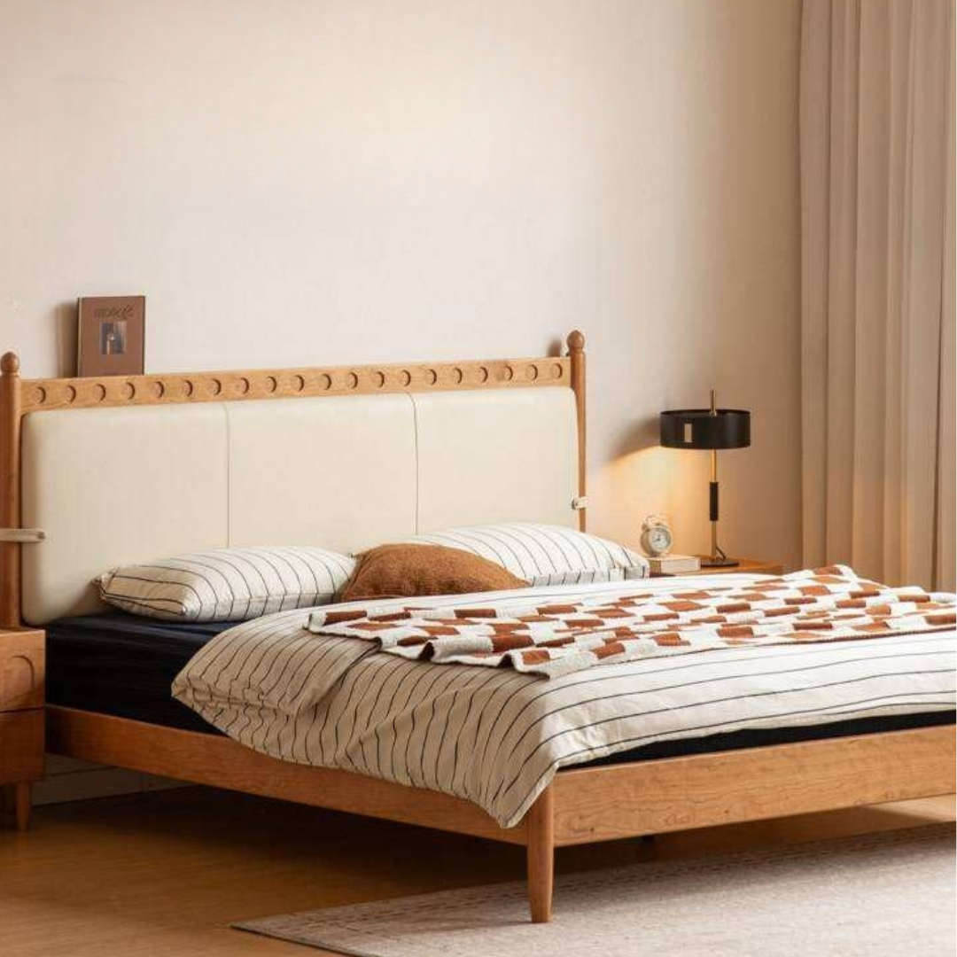 Cherry Solid Wood Double Bed with Vintage Style and Leather Upholstered Headboard
