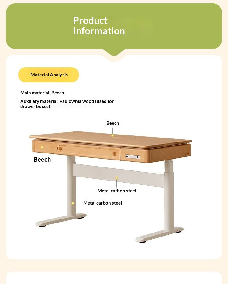 Beech Solid Wood Children's Study Desk with Electric Lift