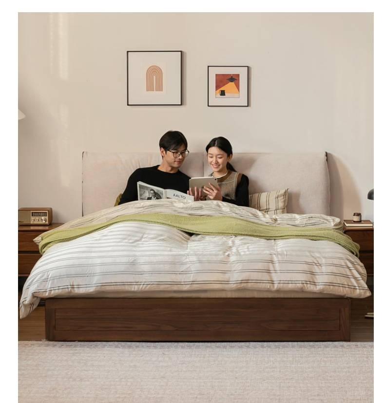 Black Walnut Solid Wood Box Bed — Luxury Genuine Leather Bed with Soft Backrest