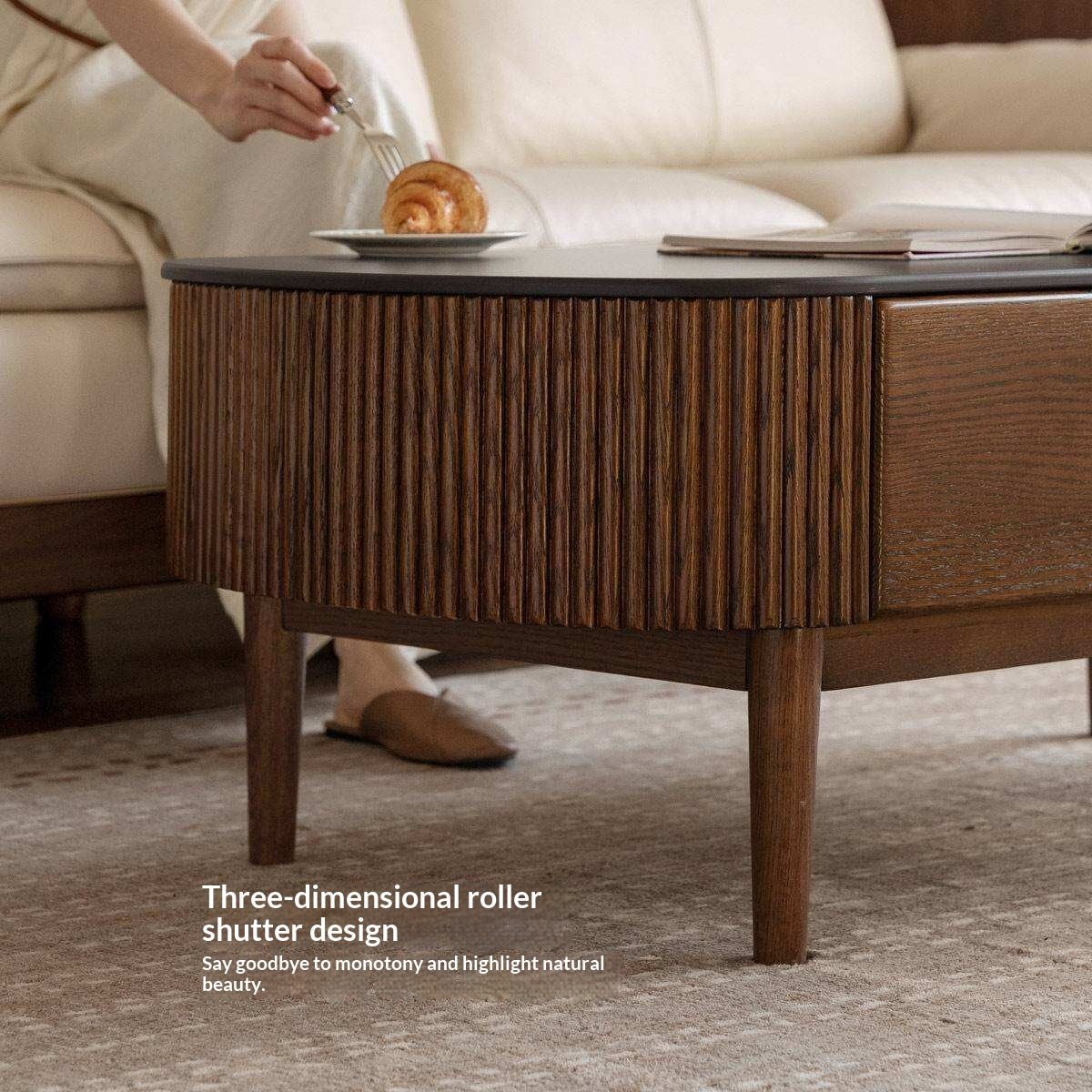 Oak Solid Wood Coffee Table with Rock Plate Surface