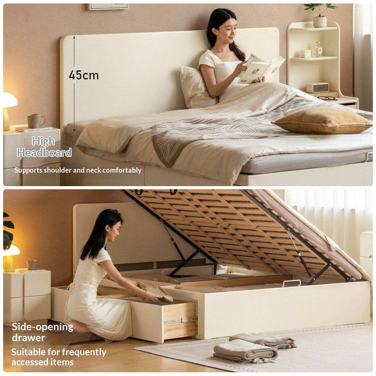 Rubberwood Solid Wood Platform Storage Bed with Gas Lift Base and Side Drawers