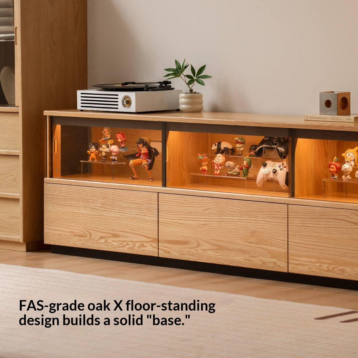Oak Solid Wood TV Console with Illuminated Glass Display Case and Drawer Storage
