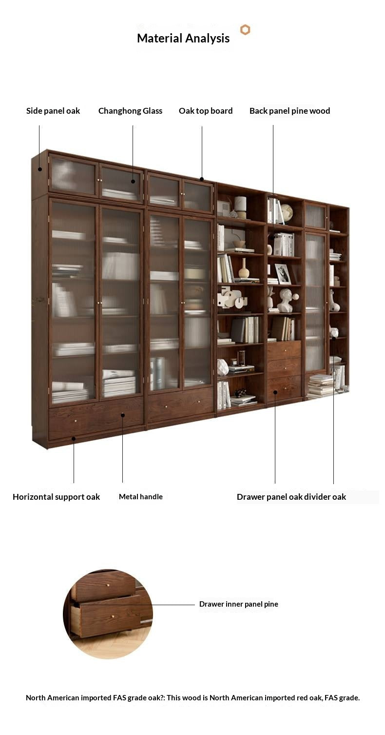 Oak, Ash Solid Wood Modular Bookcase with Glass Doors