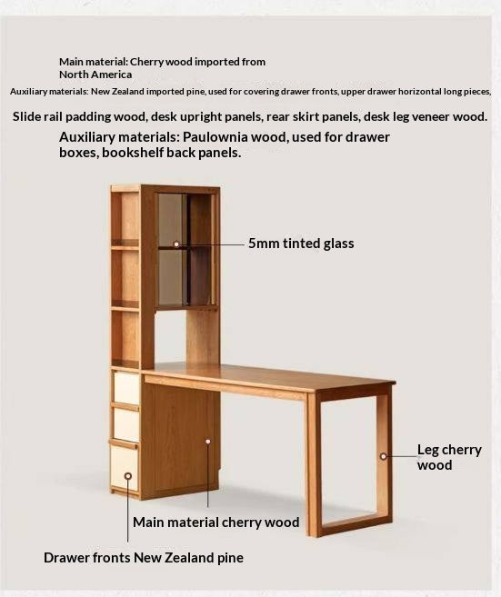 Cherry Solid Wood Office Desk with Integrated Bookshelf