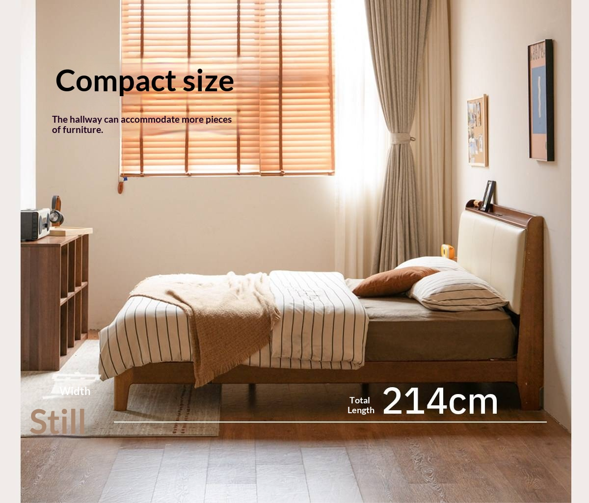 Golden Rosewood Solid Wood Modern Bed with Leather Upholstered Headboard and Built-In Power Outlets