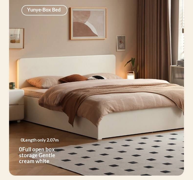 Rubberwood Solid Wood Bed — Modern Minimalist White Box Design