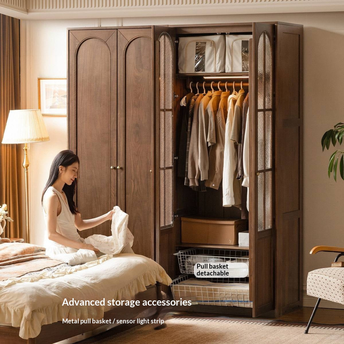 Black Walnut Solid Wood Wardrobe with French Retro Style and Double Doors