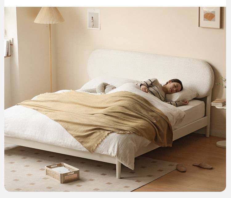 Poplar Solid Wood Bed — Upholstered with Fabric, Creamy Lambswool Soft Backrest