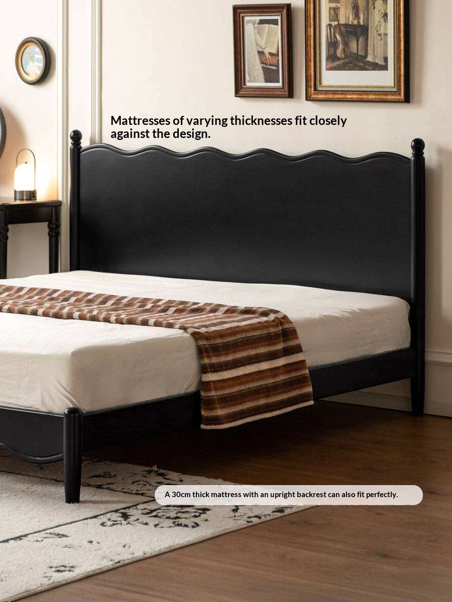 Rubberwood Solid Wood French Style Bed with Black Carved Headboard and Elegant Curved Frame
