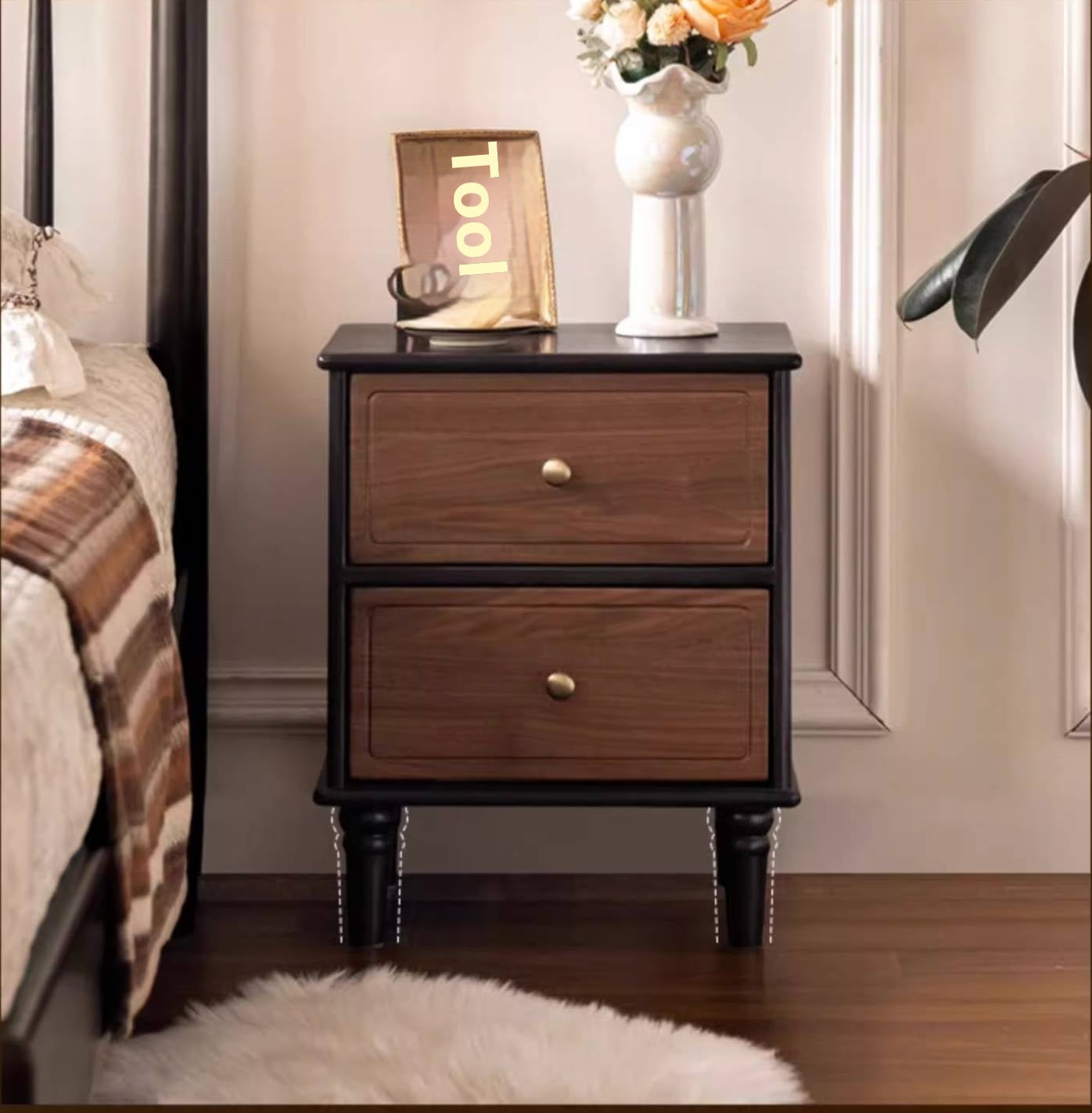 Black Walnut, Solid Rubberwood American Retro Style Nightstand