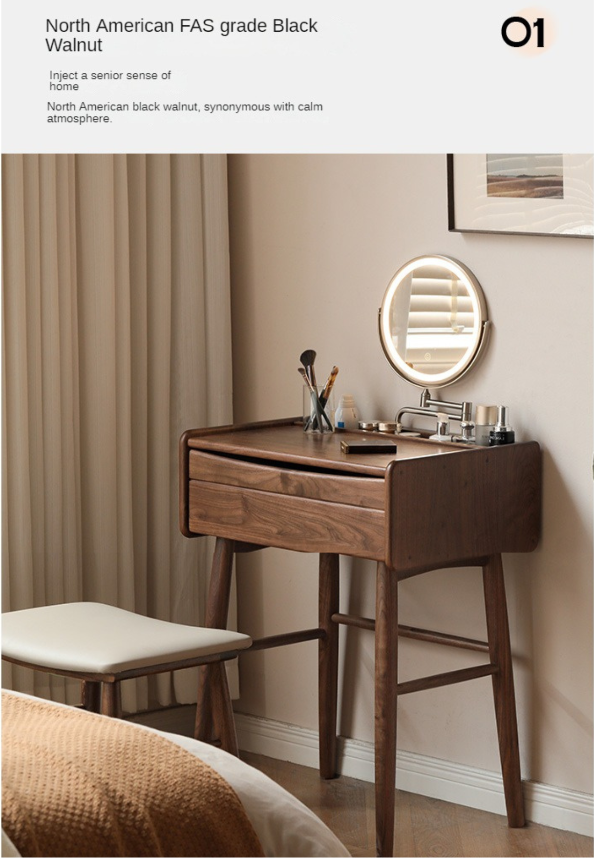 Black Walnut Solid Wood Vanity Table.