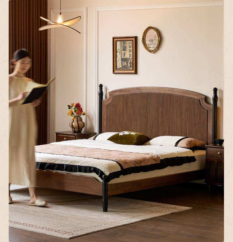 Black Walnut Solid Wood Bed with Reeded Arched Headboard and Turned Corner Posts
