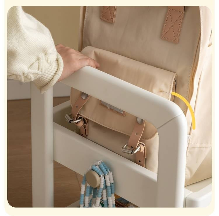 Rubber Solid Wood White Cream Style Under-Desk Movable Storage Rack.