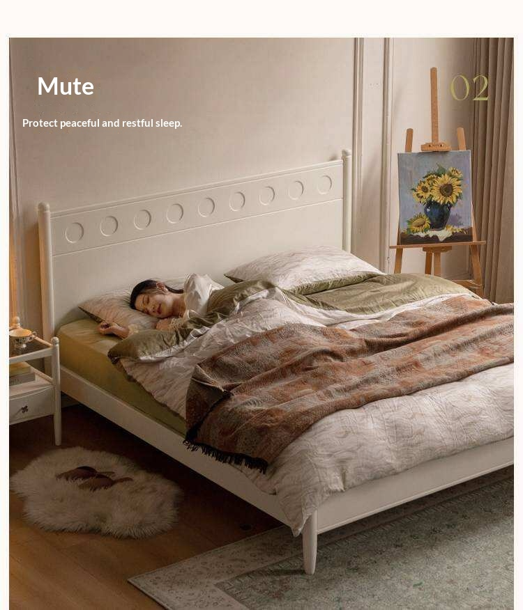 Rubberwood Solid Wood Platform Bed with Carved Dot Headboard and Spindle Legs