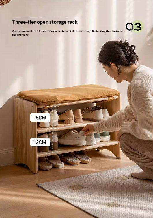 Pine Solid Wood Shoe Bench Multi-layer Log Shoe Rack
